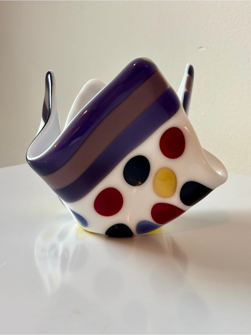 Handmade Vintage Glass Sculptural Bowl with Purple Stripes and Multicolor Dots
